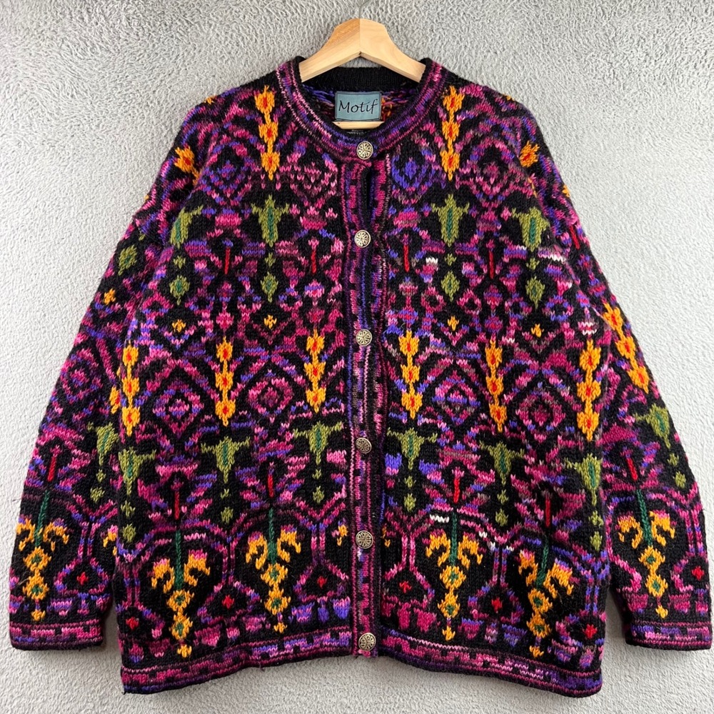 Vintage Motif Hand Knitted Wool Cardigan Sweater Womens L Nepal Geometric Multi